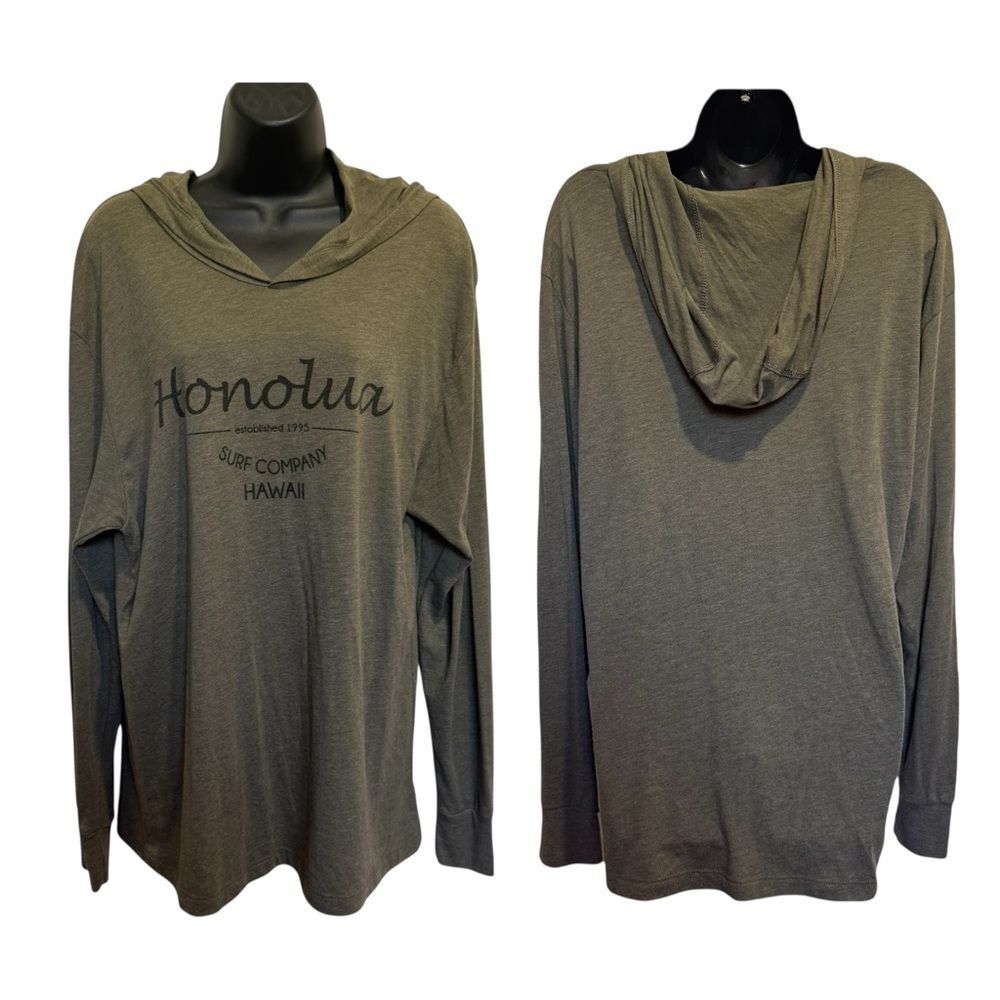 Honolua Wahine Surf Company Olive Green Long Sleeve Hooded Tee Shirt Top Sz L